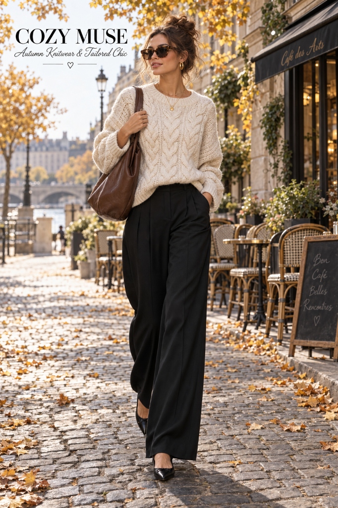 Autumn Cable Knit & Black Trousers Slide 1
