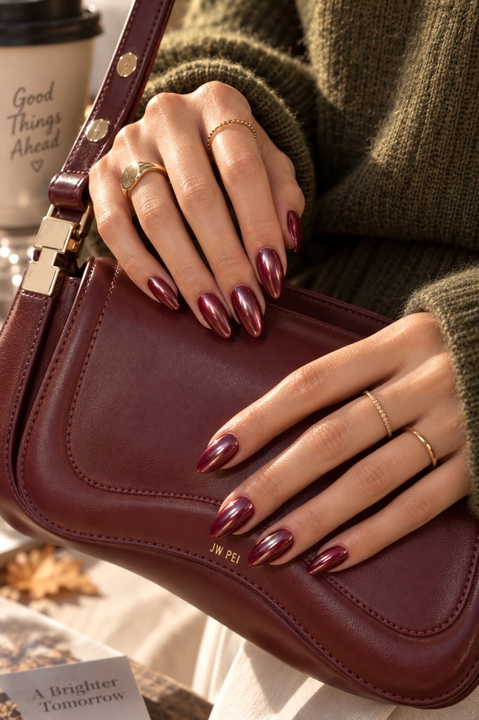 London Olive Knit Look 5 (Glazed Bordeaux Nails)