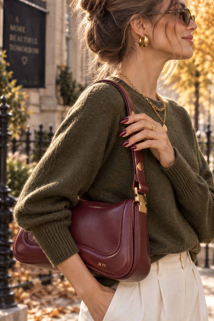 London Olive Knit Look 7 (JW PEI Claret Shoulder Bag)