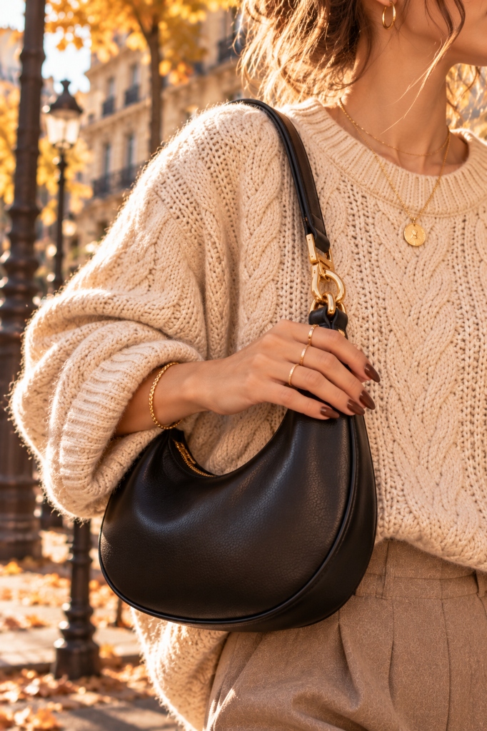 Parisian Cream Cable Knit Look 7 (Black Crescent Bag)