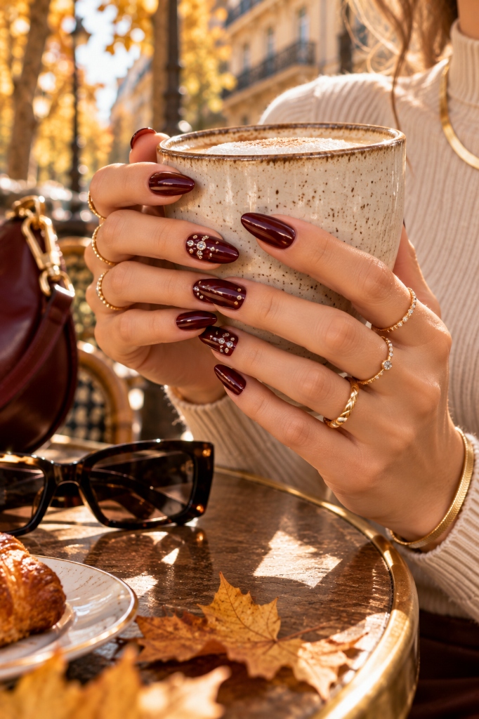 Parisian Cherry Mocha Look 5 (Burgundy Rhinestone Nails)