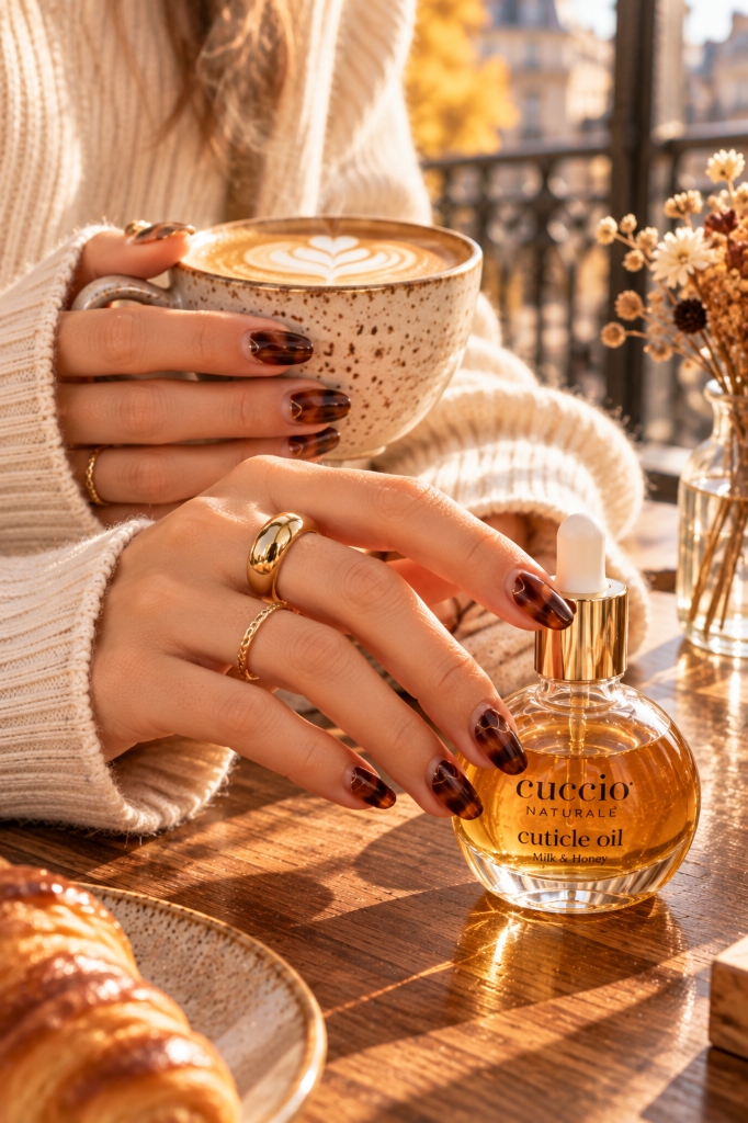 Tortoiseshell Mocha Nails & Cuccio Oil (Look 30)