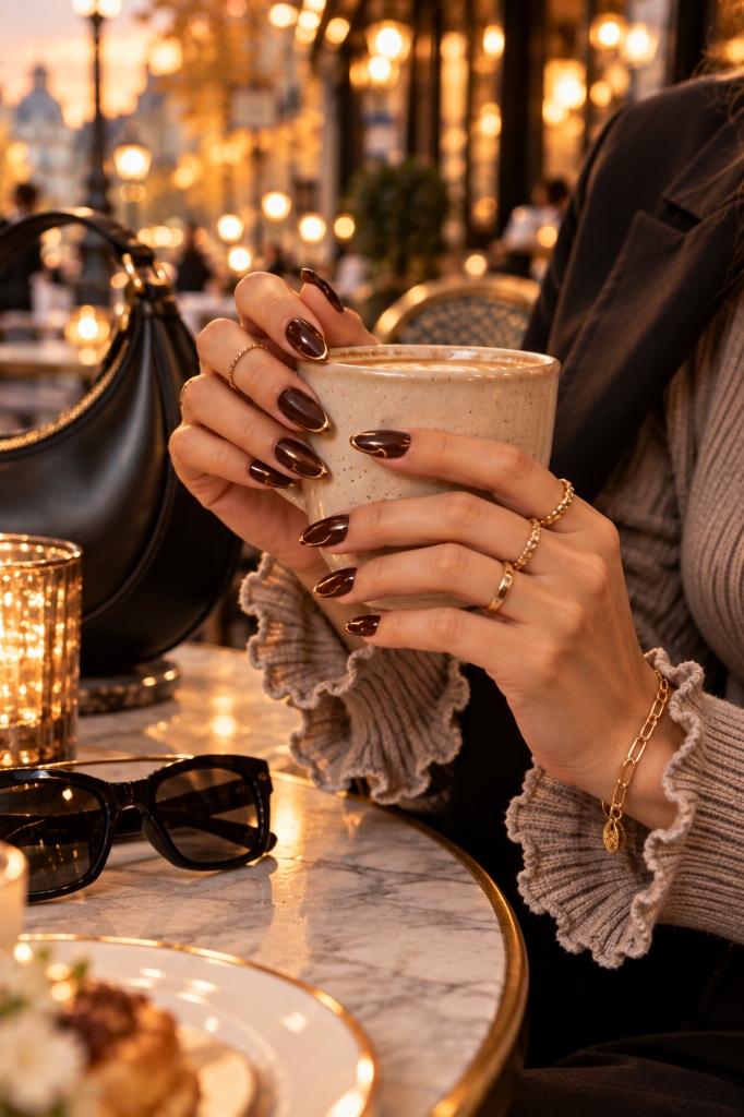 Parisian Fall Dinner Look 5 (Chrome Gold French Nails)