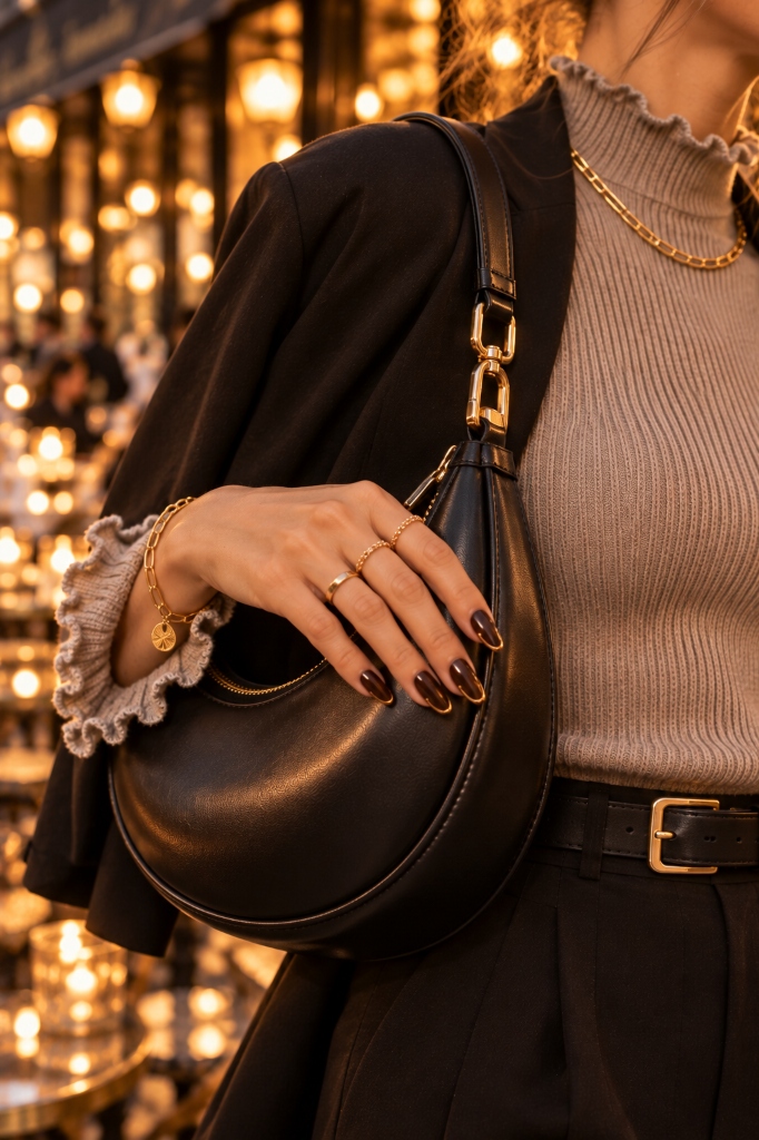 Parisian Fall Dinner Look 7 (Black Crescent Bag & Gold Chain)