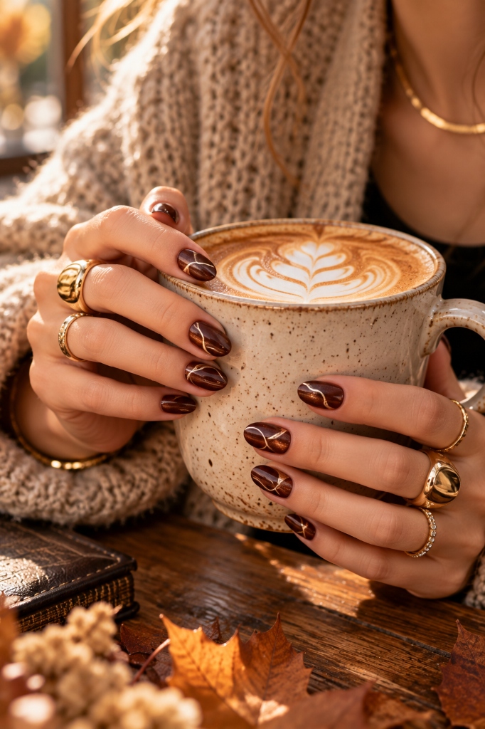 Cozy Chic Look 5 (Mocha Magnetic Nails & Gold Rings)