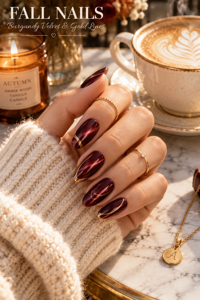 Burgundy Velvet Nails & Initial Necklace (Look 33)