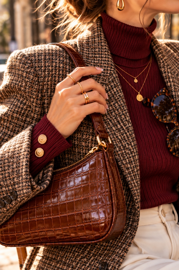 Brown Croc Bag and Gold Button Cuffs (Look 34)