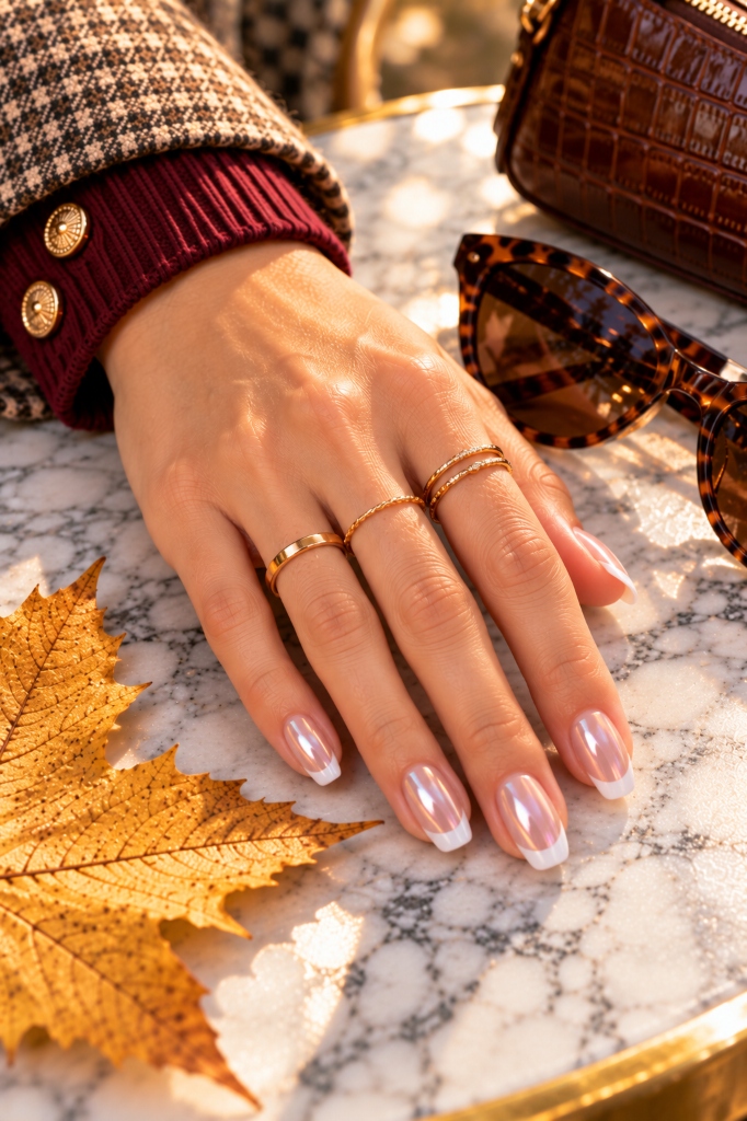 Glazed Chrome French Nails and Gold Rings (Look 34)