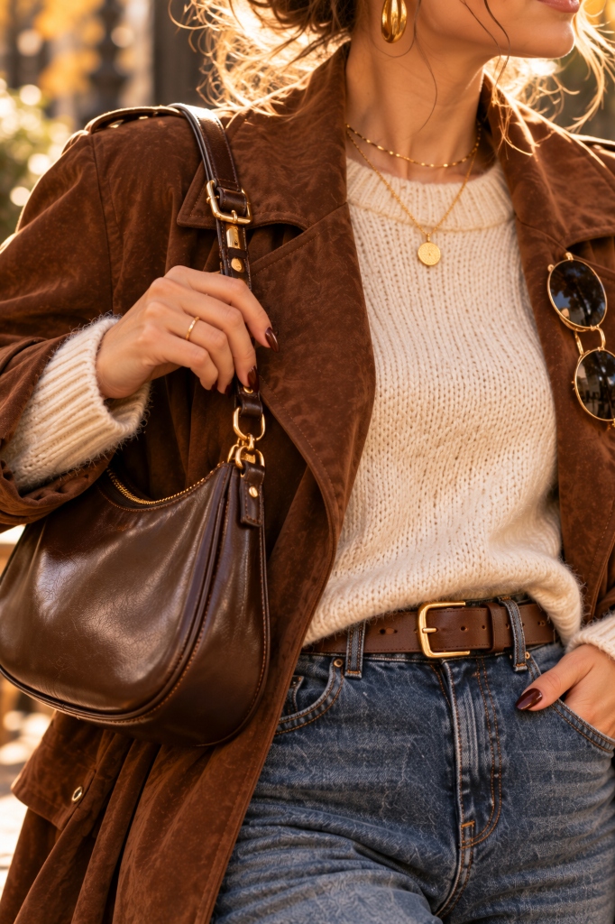 Brown Leather Bag and Gold Belt Details (Look 35)