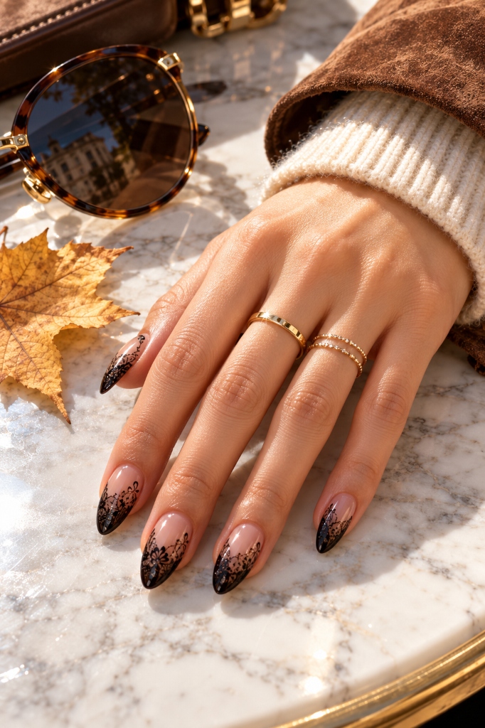 Black Lace Ombre Nails and Gold Rings (Look 35)