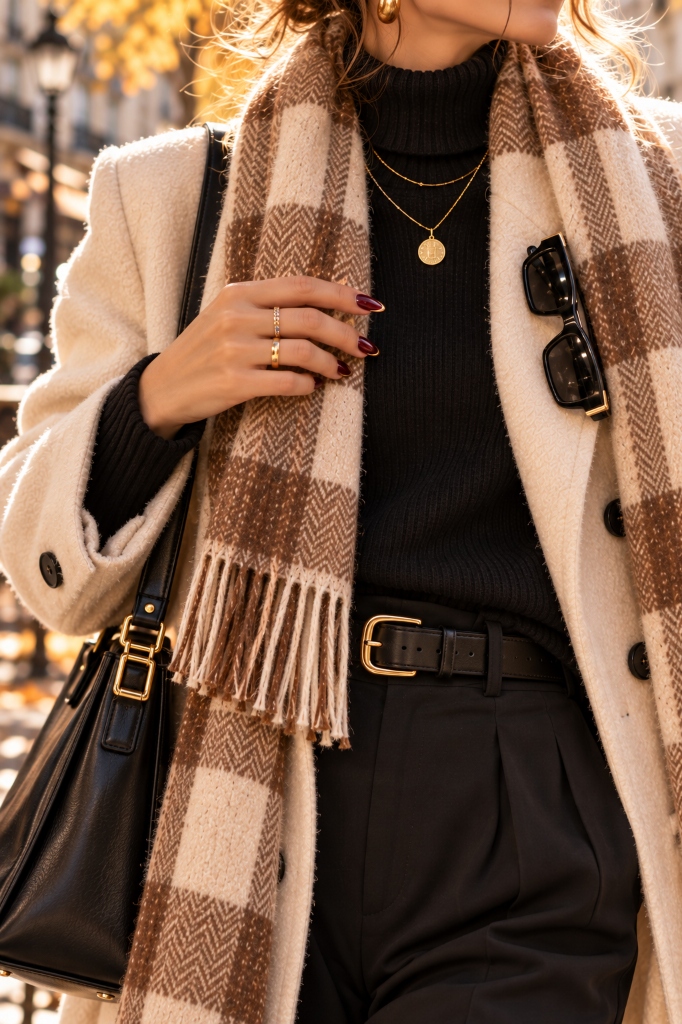 Camel Plaid Scarf and Gold Buckle Belt (Look 36)