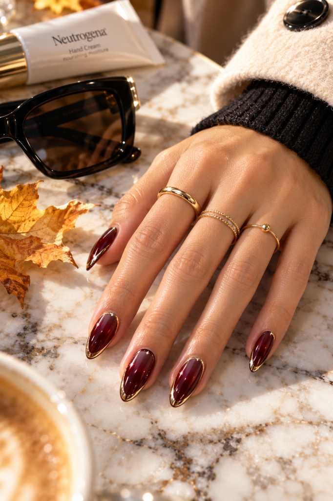 Burgundy Gold Frame Nails and Stacking Rings (Look 36)