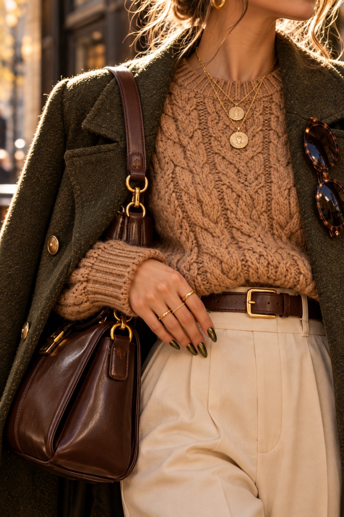 Chunky Cable Knit and Brown Leather Bag (Look 37)