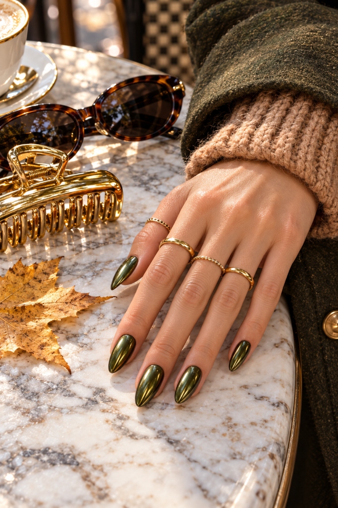 Emerald Chrome Almond Nails and Gold Rings (Look 37)
