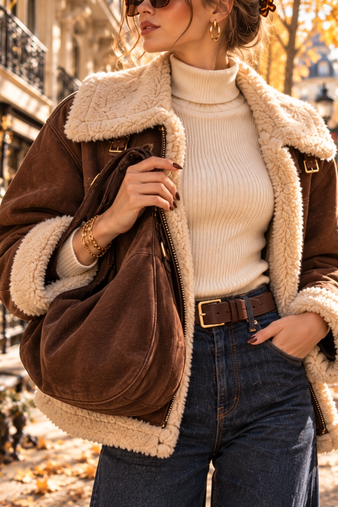 Chocolate Suede Hobo Bag and Sherpa Textures (Look 38)