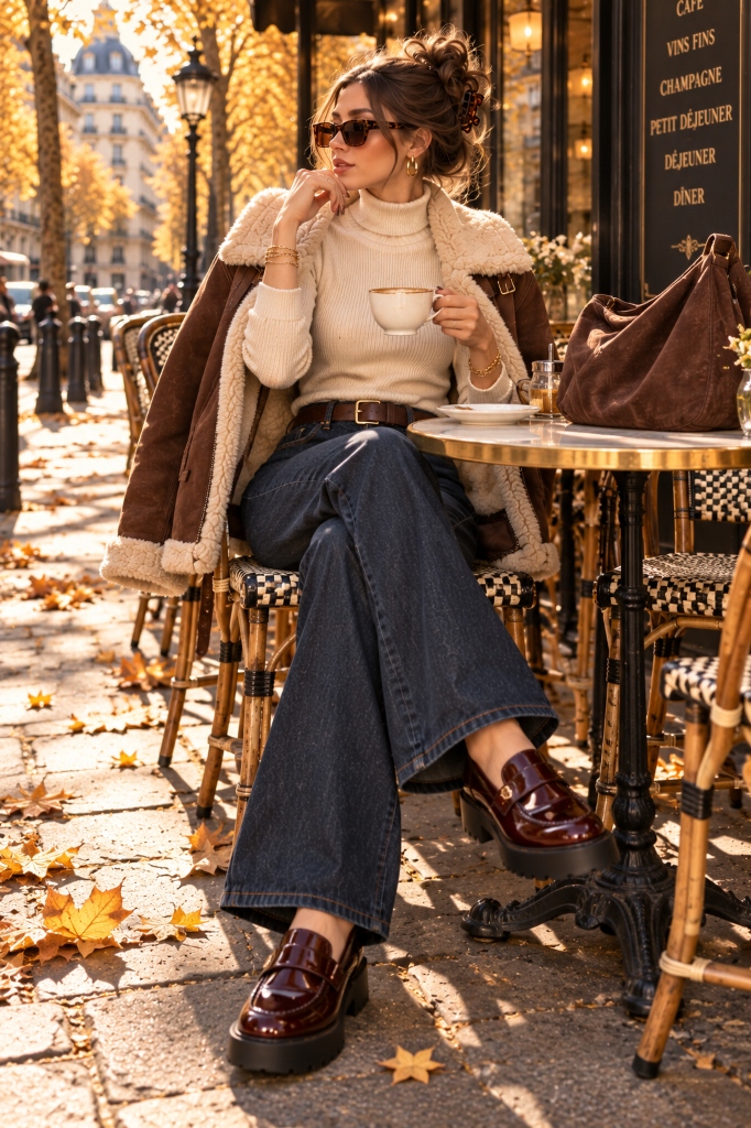 Parisian Bistro Coffee Culture in Shearling Layers (Look 38)