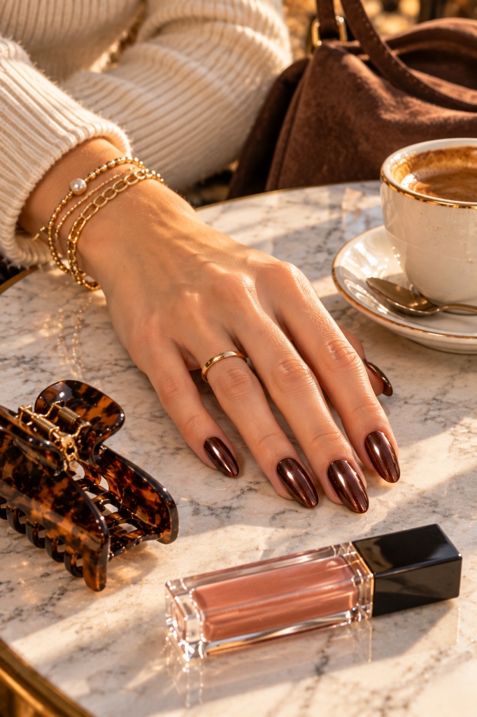 Espresso Chrome Almond Nails and Gold Bracelets (Look 38)