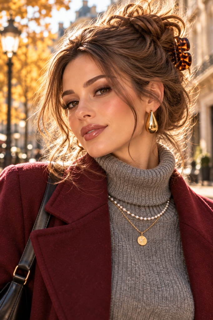 Heather Grey Turtleneck and Gold Hoops