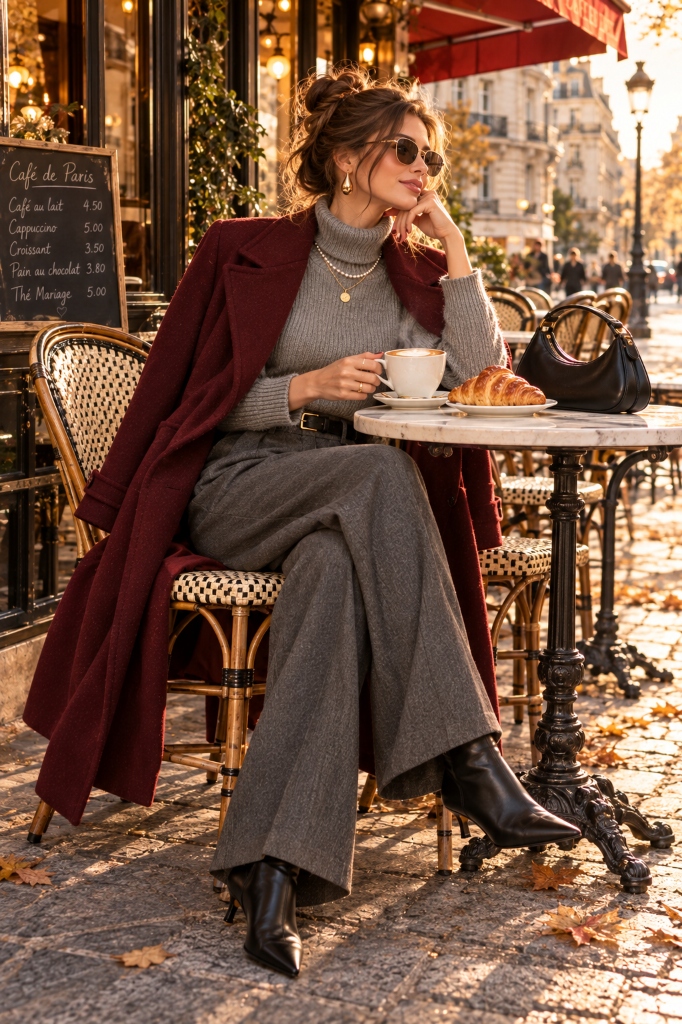 Parisian Cafe Morning in Burgundy Wool Layers