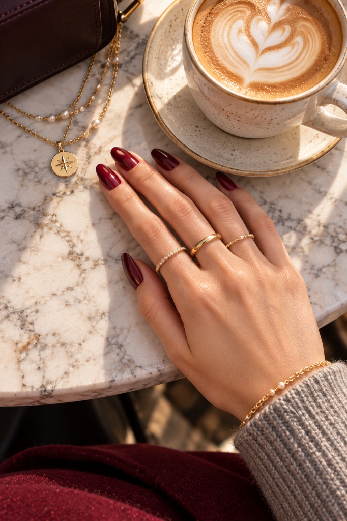 Deep Burgundy Wine Chrome Nails
