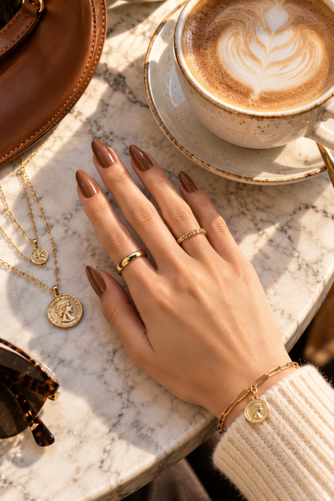 Caramel Mocha Nails and Gold Jewelry