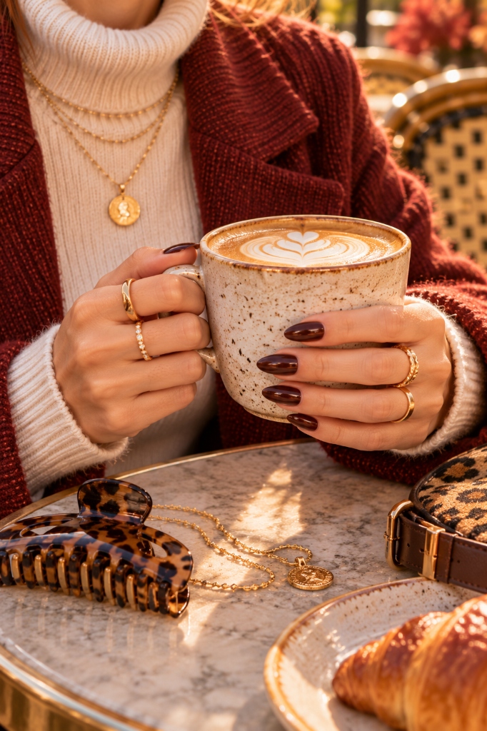 Deep Espresso Mocha Nails and Gold Stacking Rings