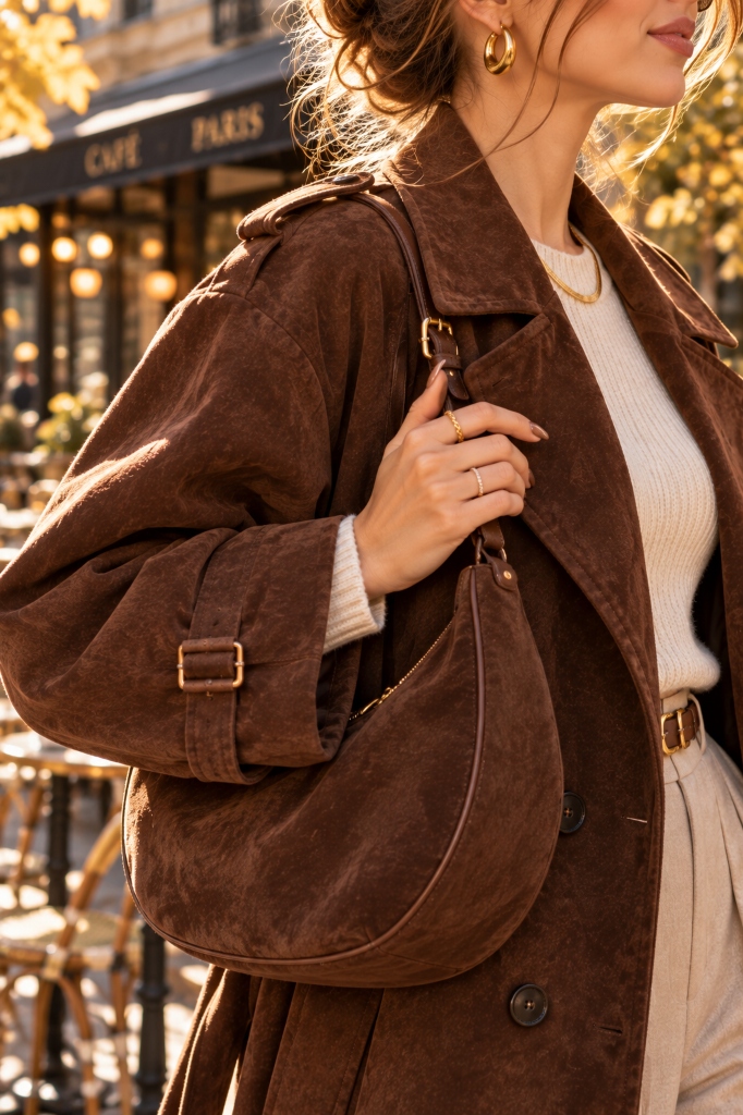 Brown Crescent Suede Shoulder Bag