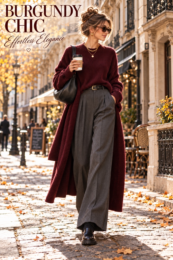 Burgundy Knit and Charcoal Trousers Full Look