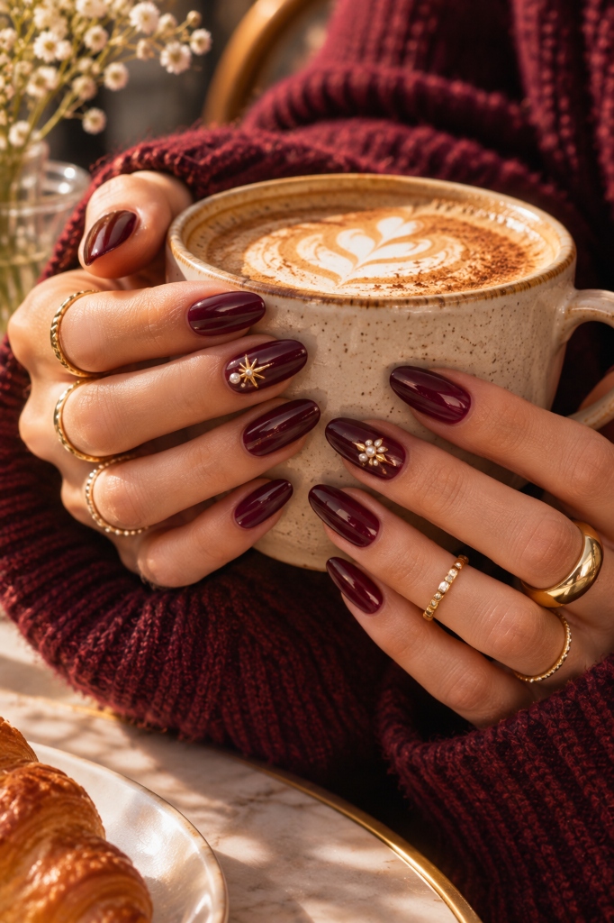 Glazed Burgundy Almond Nails & 3D Charms