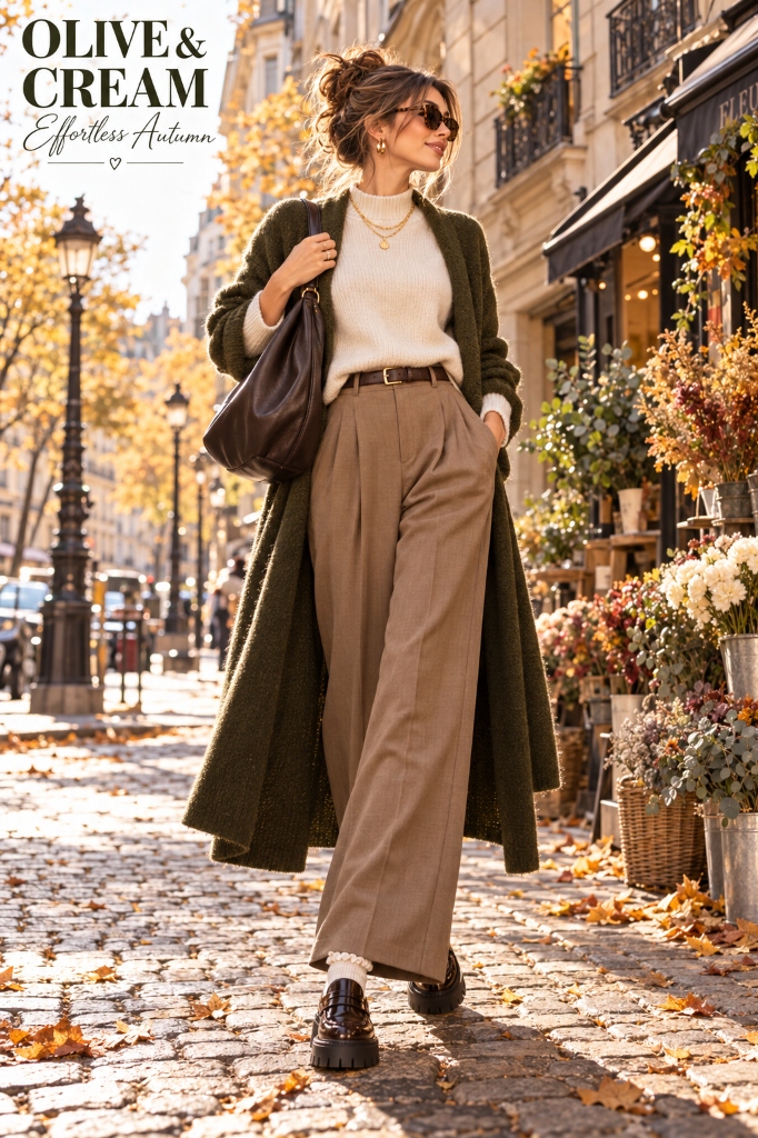 Olive Duster Coat & Cream Knit Full Look