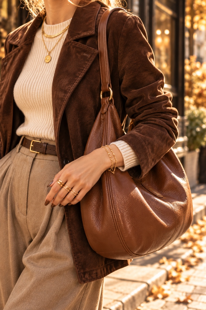 Mocha Suede Shoulder Bag & Jacket Texture