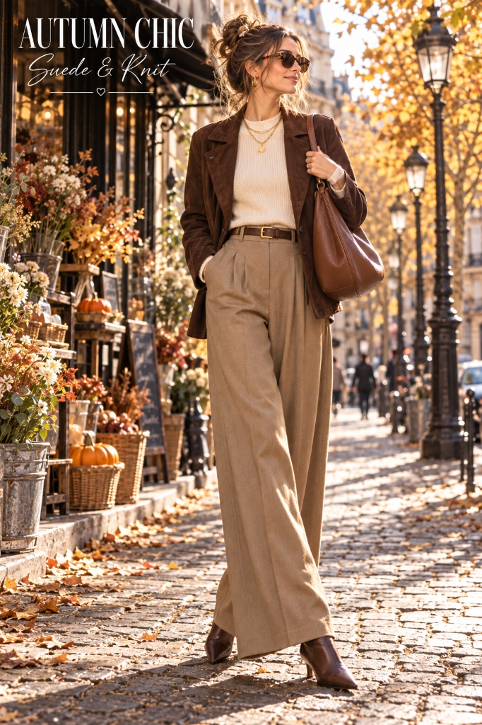 Camel Wide Leg Trousers & Suede Jacket Full Look