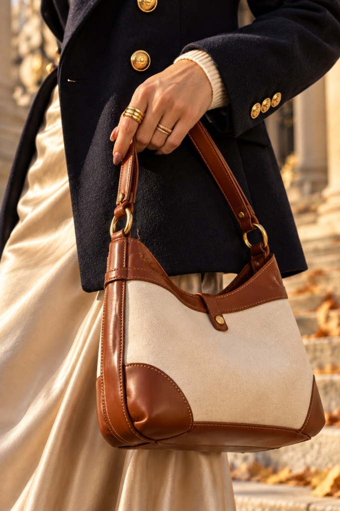 Two-Tone Canvas Shoulder Bag & Wool Blazer Texture