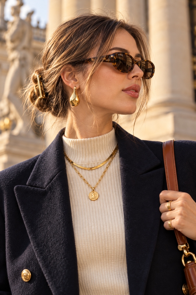 Layered Gold Herringbone & Coin Necklace with Teardrop Earrings