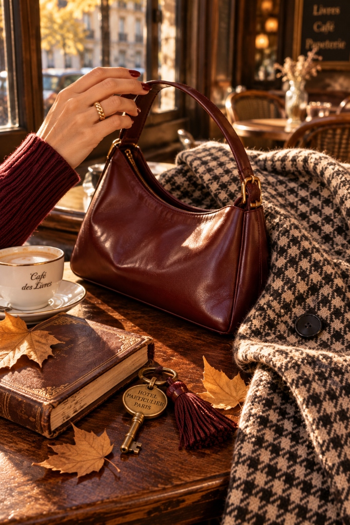 Wine Leather Shoulder Bag & Vintage Journal Texture