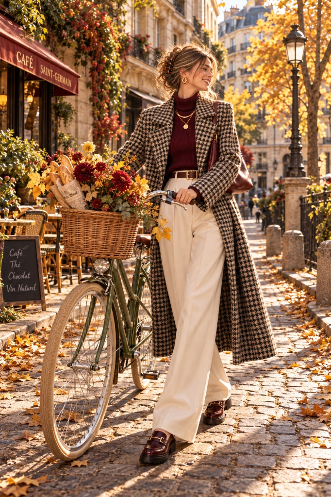 Vintage Parisian Bicycle with Autumn Flowers & Baguette