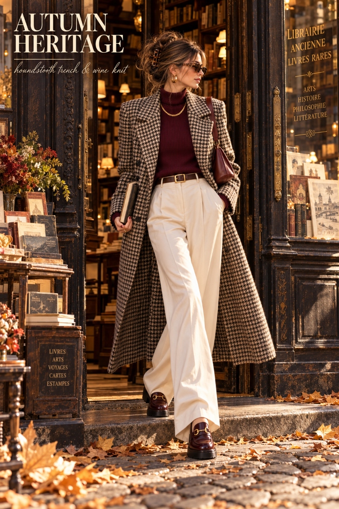 Houndstooth Trench & Wine Turtleneck Full Look