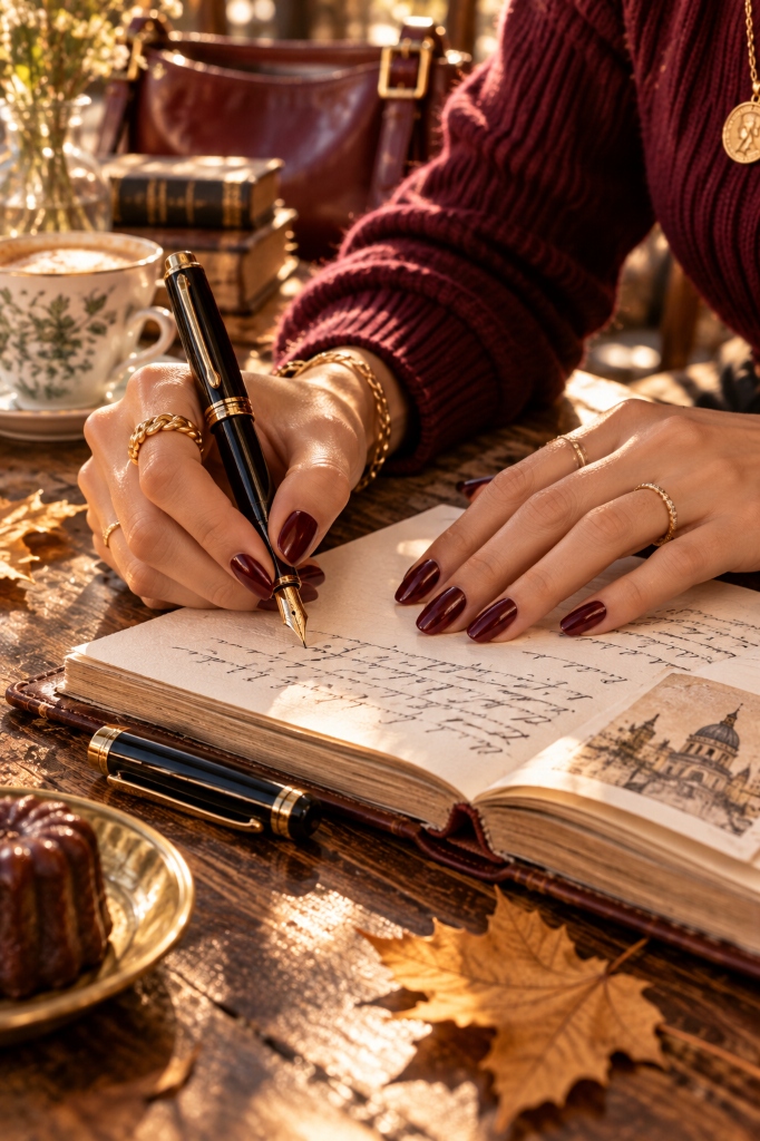 Deep Wine Red Nails & Gold Fountain Pen Journaling