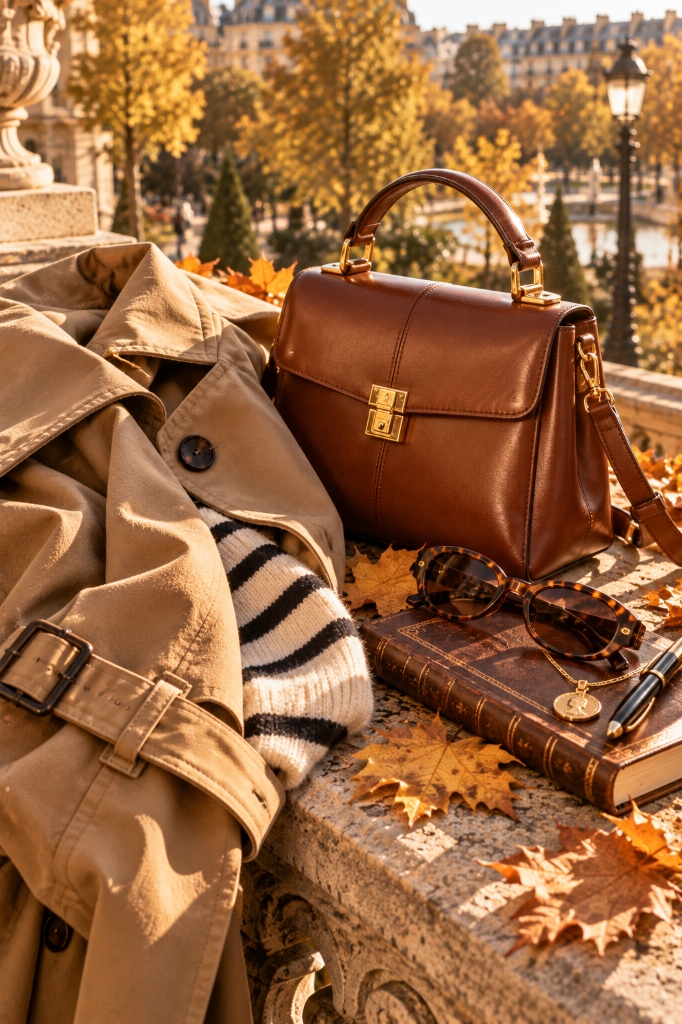 Cognac Leather Bag & Trench Coat Autumn Textures