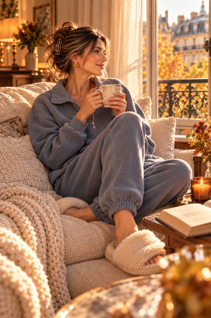 Cozy Slate Blue Fleece Half-Zip Loungewear Set