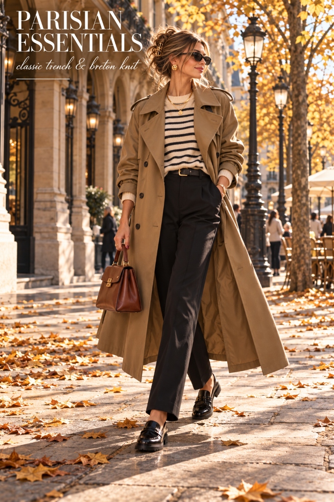 Khaki Long Trench Coat & Breton Striped Knit Full Look