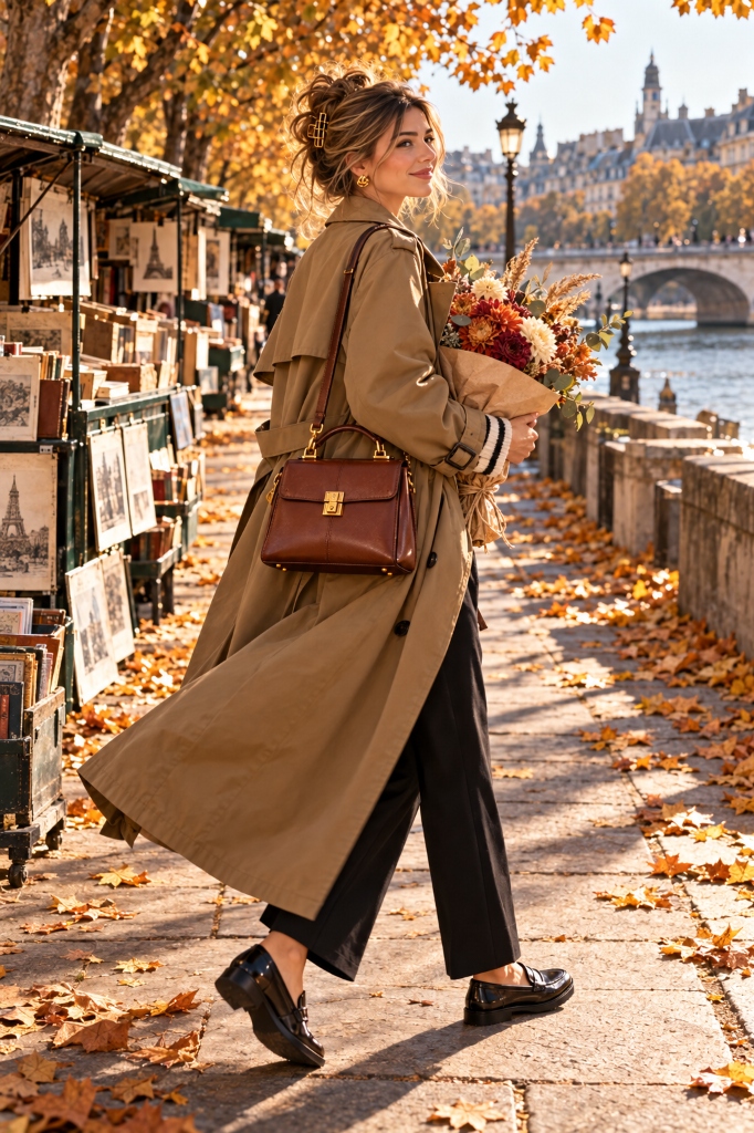Quai de la Seine Autumn Stroll with Flower Bouquet