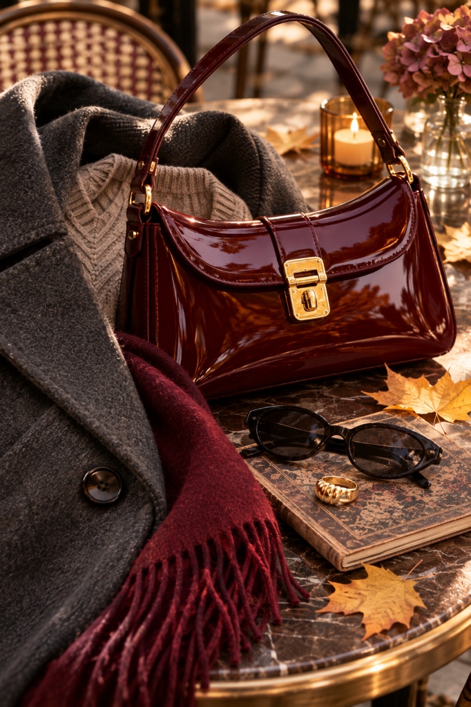 Patent Cherry Red Shoulder Bag & Charcoal Wool Textures