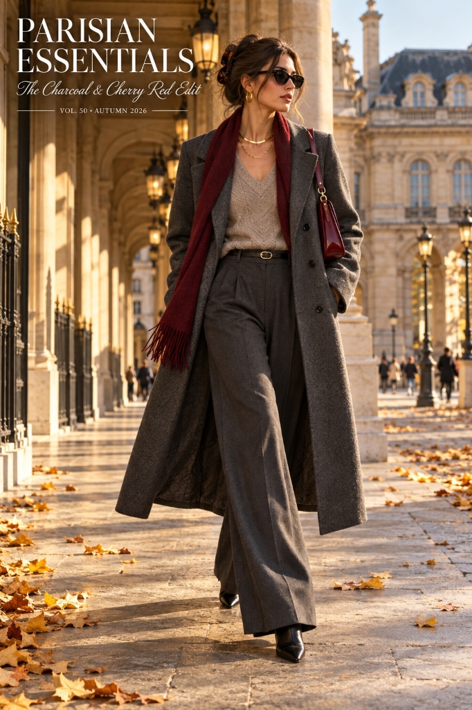 Charcoal Wool Coat & Cherry Red Bag Full Look