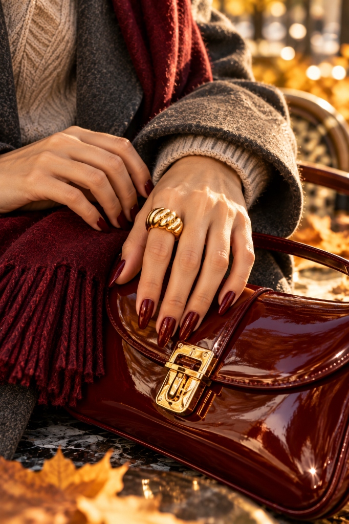 Black Cherry High-Gloss Gel Nails & 14K Gold Croissant Ring